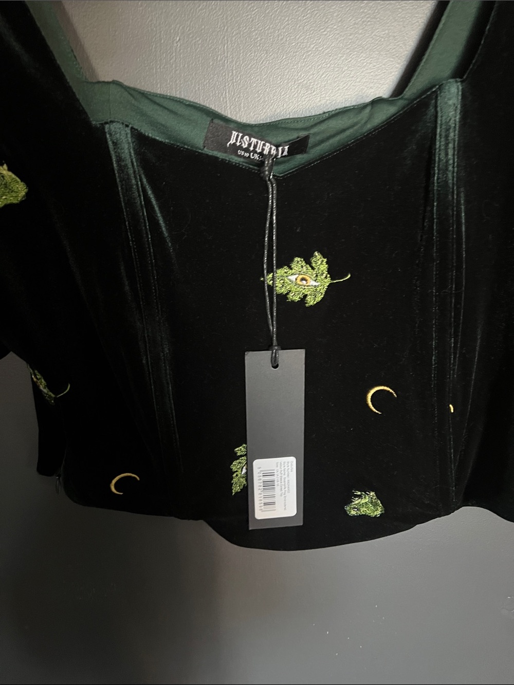 Disturbia NWT Swamp Life Dark Green Velvet Embroidered Puff Sleeve Top - Picture 2 of 5